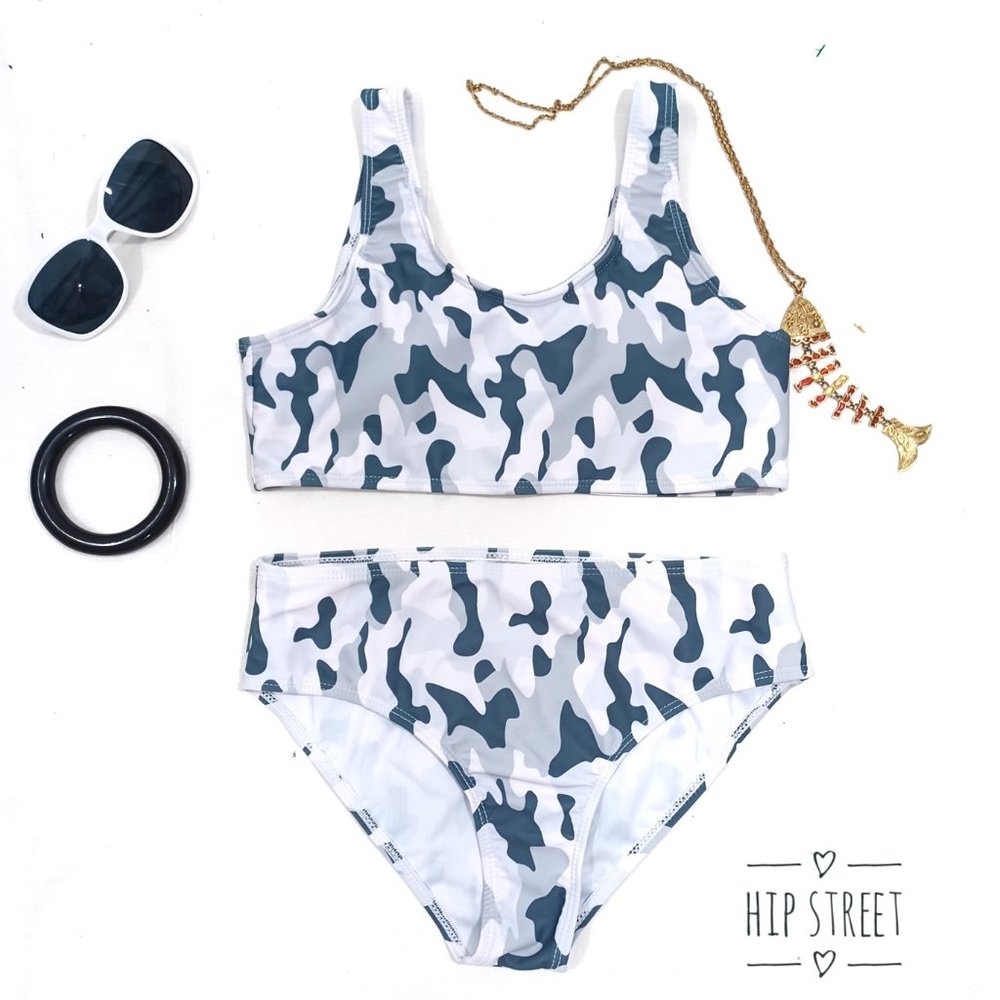 Gray Camo Print Crop Top 2 Piece Bikini Swimsuit S